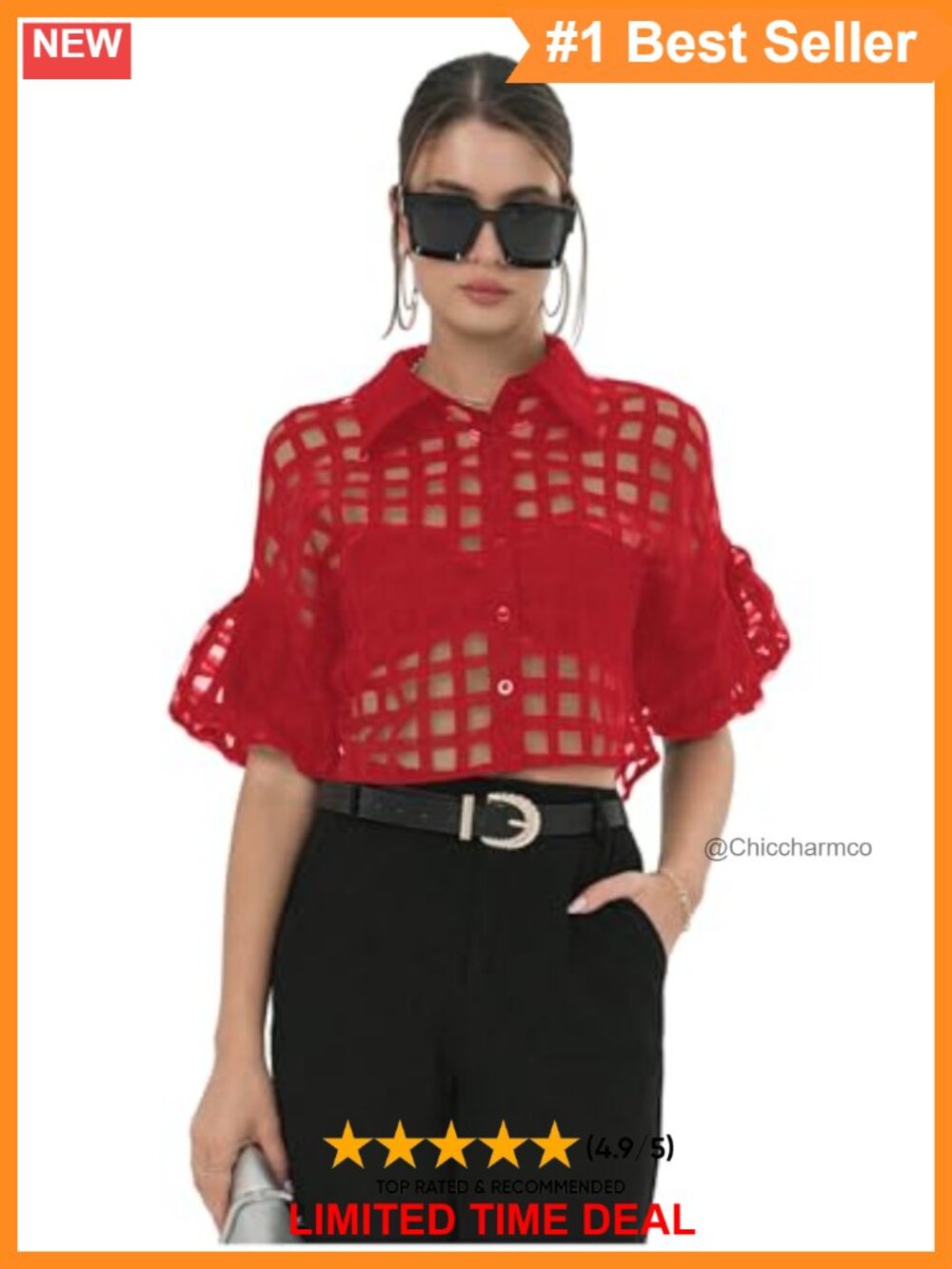 Sheer Mesh Plaid Crop Top Button Up Puff Sleeve Blouse